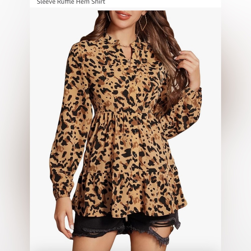 NEW Leopard Button Front Lantern Long Sleeve Ruffle Hem Shirt 2X